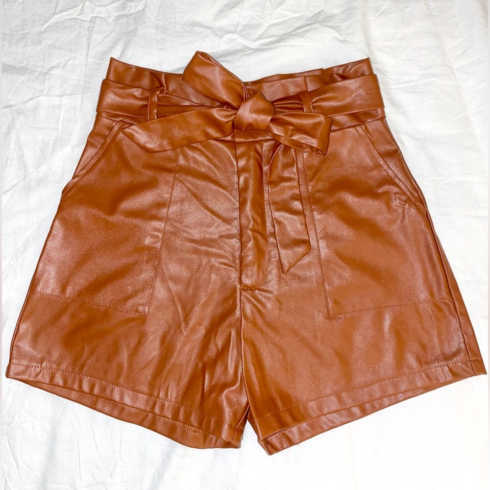 SHEIN Brown Tan Pleather Paper-bag Shorts with Tie Waist